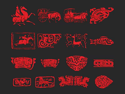 Traditional Red Ancient Chinese Patterns With Animals Chariots And Vessels 3d model