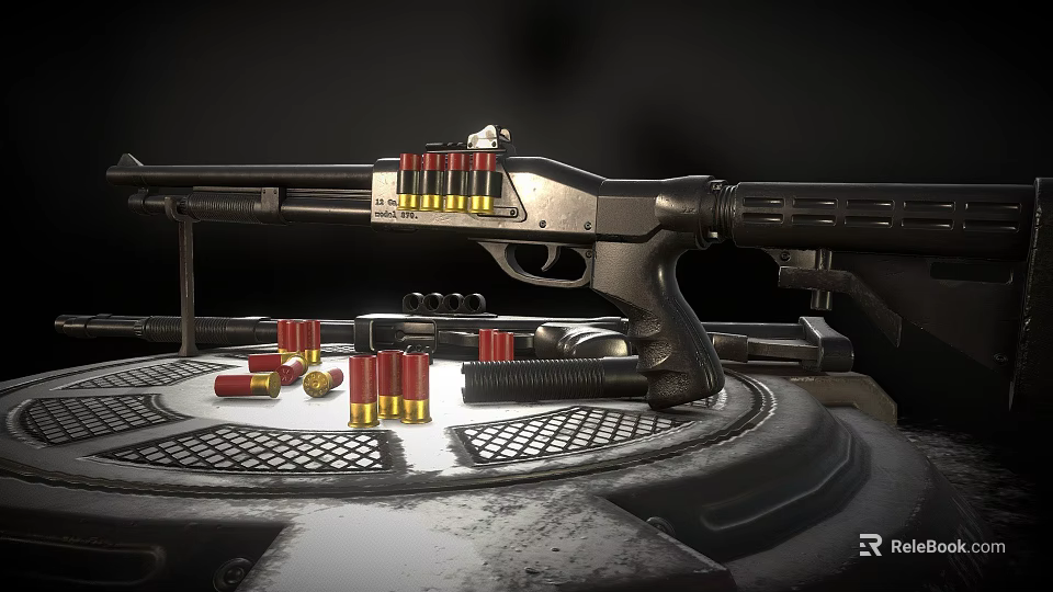 Military Firearm with Stacked Bullets and Scattered Ammo on Metallic Platform Surface 3d model 