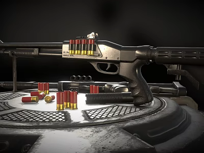 Military Firearm with Stacked Bullets and Scattered Ammo on Metallic Platform Surface 3d model