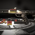Military Firearm with Stacked Bullets and Scattered Ammo on Metallic Platform Surface