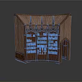 Gothic Architectural Wooden Bookcase With Pointed Spires Multiple Shelves Books And Candle Holders