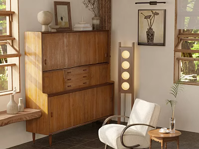 Wooden Decorative Cabinet Interior with Windows White Chair Floor Lamp and Wall Painting 3d model