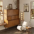 Wooden Decorative Cabinet Interior with Windows White Chair Floor Lamp and Wall Painting