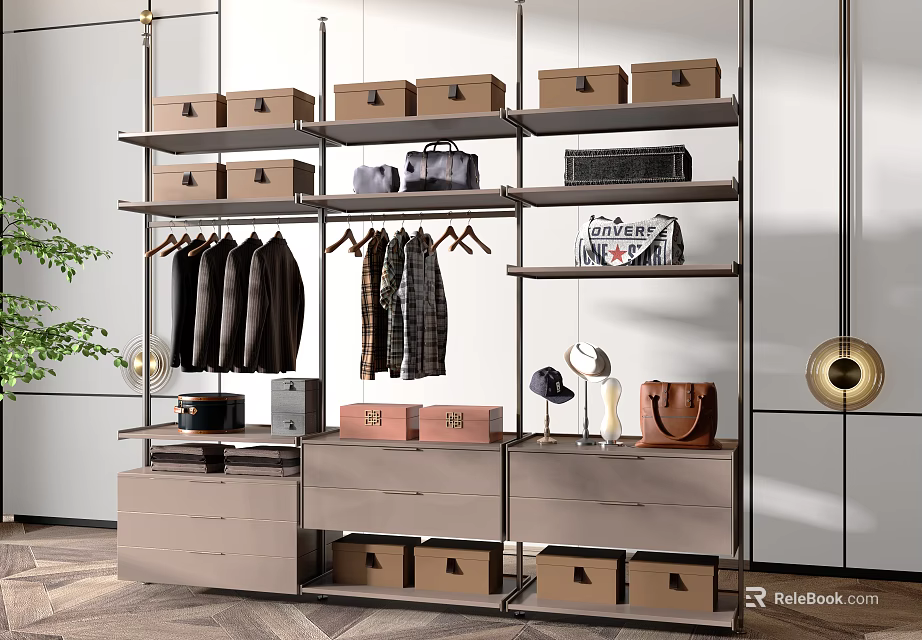 Modern Open Wardrobe Interior With Multiple Shelves Storage Boxes Hanging Clothes And Drawers 3d model 