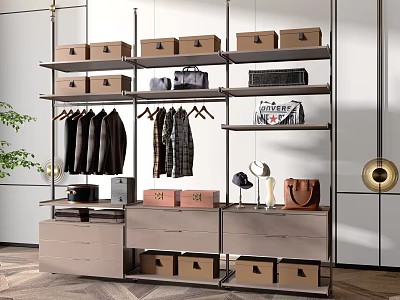 Modern Open Wardrobe Interior With Multiple Shelves Storage Boxes Hanging Clothes And Drawers 3d model