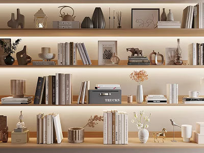 Elegant Bookshelf Display with Decorative Ornaments Figurines Vases Photo Frames and Books 3d model