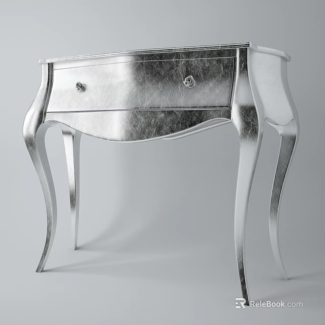 Silver Console Table with Elegant Curved Legs Two Drawers and Metallic Finish 3d model 