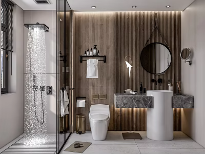 Elegant Modern Bathroom Interior With Glass Shower Wooden Panel Walls Marble Counter And Round Mirror 3d model