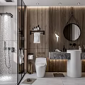 Elegant Modern Bathroom Interior With Glass Shower Wooden Panel Walls Marble Counter And Round Mirror