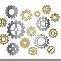 Industrial Equipment Mechanical Gears in Various Sizes with Gold and Silver Colors on Dark Background