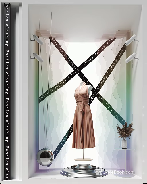 Fashion Clothing Window Display With Mannequin In Elegant Dress Decorative Ribbons And Patterned Background 3d model 