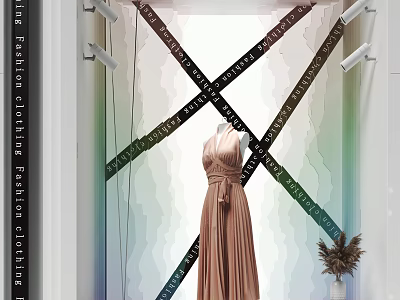 Fashion Clothing Window Display With Mannequin In Elegant Dress Decorative Ribbons And Patterned Background 3d model