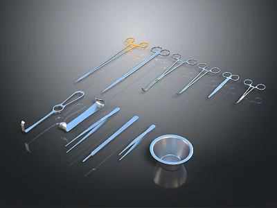 Different Types of Medical Surgical Instruments With Scissors Forceps Scalpels And Tray 3d model