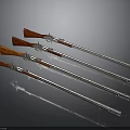 Antique Rifles With Wooden Stocks And Silver Metal Barrels Displayed On Black Background