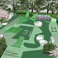 Green Outdoor Leisure Area Design With White Seats Trees And Blue Sky