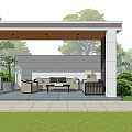 Outdoor Pavilion Leisure Area With Sofa Set Coffee Table Floor Lamp And Green Lawn