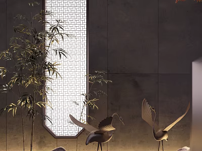 Garden Ornaments With Bamboo Plants Crane Sculptures And Stones By Lattice Window 3d model