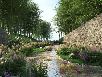 Tranquil Garden Landscape With Stream Lotus Flowers Bamboo Groves Lush Plants And Stone Walls 3d model