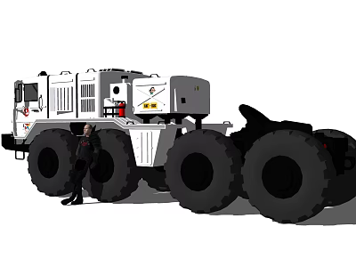 Large White Utility Vehicle With Big Tires And Person Standing Beside For Industrial Use 3d model