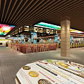 Restaurant Interior With Colorful Ceiling Design Wooden Stalls And Traditional Decorations