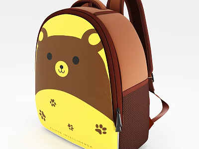 Cute Cartoon Bear Face Backpack Yellow And Brown Design With Paw Prints Decoration 3d model