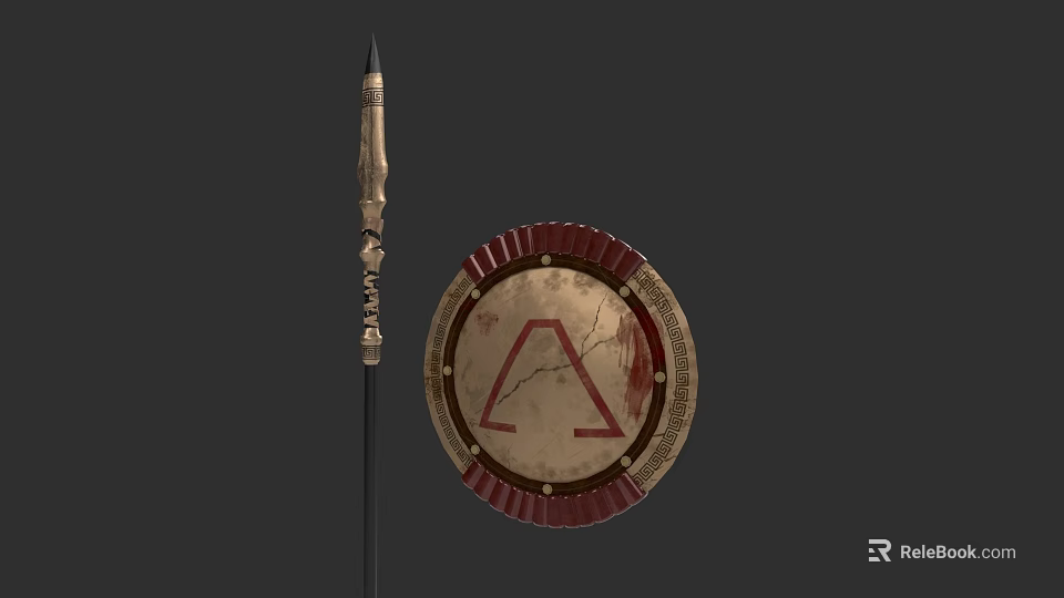Ancient Spear and Shield Historical Weapons with Ornate Metalwork and Red Accents 3d model 