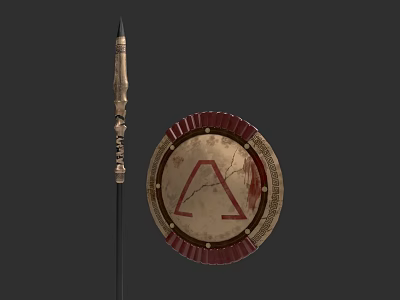 Ancient Spear and Shield Historical Weapons with Ornate Metalwork and Red Accents 3d model