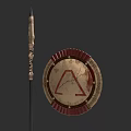Ancient Spear and Shield Historical Weapons with Ornate Metalwork and Red Accents
