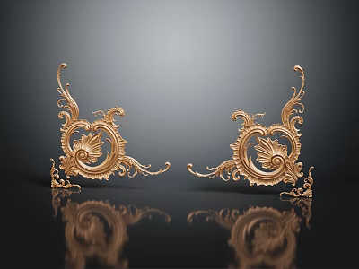 Intricate Golden Carved Decorative Ornaments With Symmetric Patterns On Dark Background And Reflections 3d model