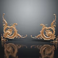 Intricate Golden Carved Decorative Ornaments With Symmetric Patterns On Dark Background And Reflections