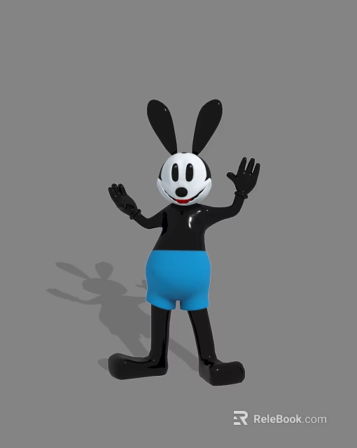 Playful Rabbit Doll with Black Ears White Face Blue Shorts Standing Outstretched Hands 3d model 