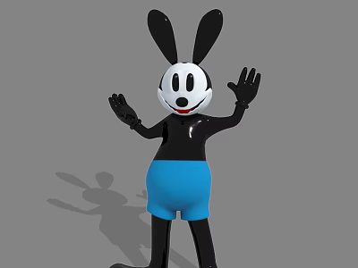 Playful Rabbit Doll with Black Ears White Face Blue Shorts Standing Outstretched Hands 3d model