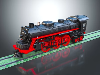 Black And Red Electric Toy Train With Large Wheels Moving On Green Track 3d model