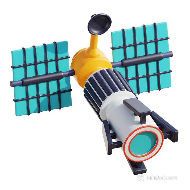 Cartoon Style Satellite Ornament Set with Yellow Body Blue Solar Panels Gray Cylinder Red Ring 3d model 
