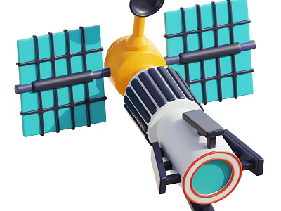 Cartoon Style Satellite Ornament Set with Yellow Body Blue Solar Panels Gray Cylinder Red Ring 3d model