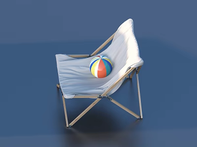 Comfortable White Canvas Lounge Chair With Wooden Frame And Colorful Beach Ball 3d model