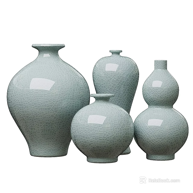 Celadon Ceramic Vessels with Crackle Glaze in Various Decorative Shapes for Home Decor 3d model 