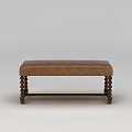 Classic Brown Leather Upholstered Bench With Decorative Turned Wooden Legs