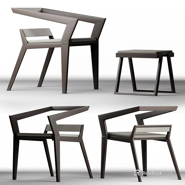 Modern Leisure Chair With Wooden Frame Armrest And Matching Stool In Multiple Angles 3d model 