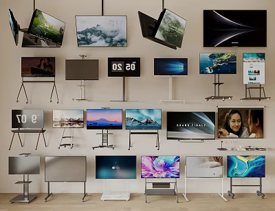 Various Televisions With Smart Features HD Displays Wall And Stand Mounted Scenic User Interface Screens 3d model