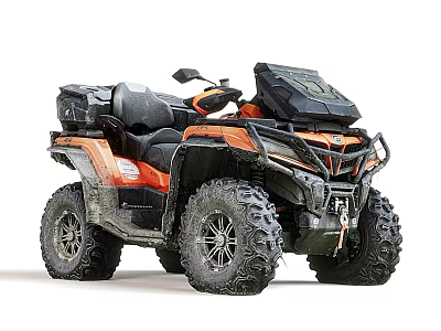 Orange and Black All Terrain Motorcycle with Large Tires and Storage Compartments 3d model