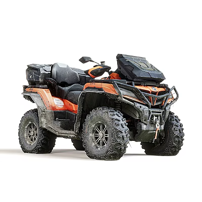 Orange and Black All Terrain Motorcycle with Large Tires and Storage Compartments 3d model