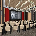 Spacious Conference Room Interior With Rows Of Seats Large Screen And Chandeliers