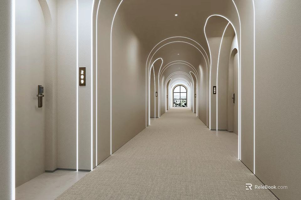 Elegant Hotel Corridor With Arched Design Recessed Lighting And Neutral Carpeted Floor 3d model 
