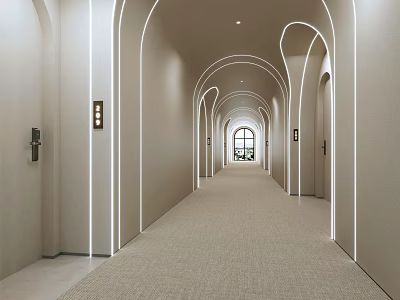 Elegant Hotel Corridor With Arched Design Recessed Lighting And Neutral Carpeted Floor 3d model