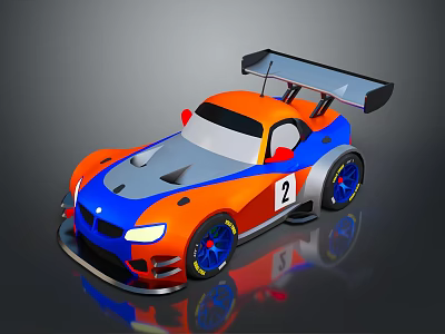 Children Playing with Colorful Orange Blue Toy Race Car Featuring Tail Wing and Number 2 3d model