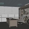 Spacious Office Interior With Large Windows Blinds Wooden Desk Office Chair And Landscape Painting