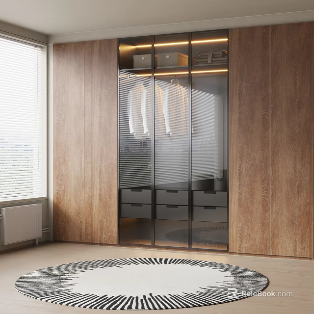 Modern Wooden Wardrobe Interior With Glass Doors Hanging Shirts Storage Boxes And Drawers 3d model 