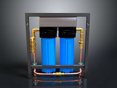 Dual Cartridge Water Filter System With Blue Cartridges Golden Pipes And Black Frame 3d model