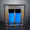 Dual Cartridge Water Filter System With Blue Cartridges Golden Pipes And Black Frame